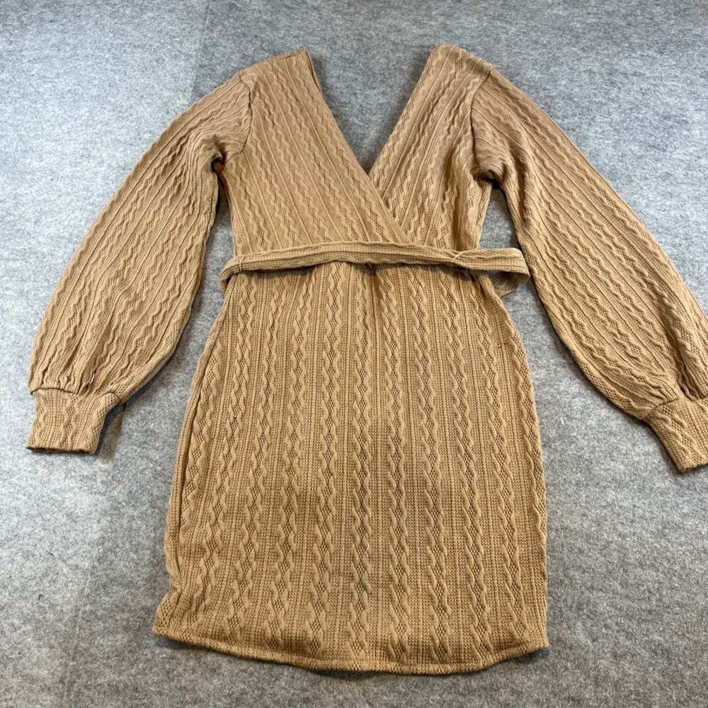 Windsor Womens Cable Knit Wrap Dress Tan Boho Chic Mini Large IK8090D
